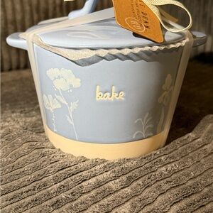 Rae Dunn Blue Ceramic 'bake' Mini Crock Baking Dish with White Floral Design NWT